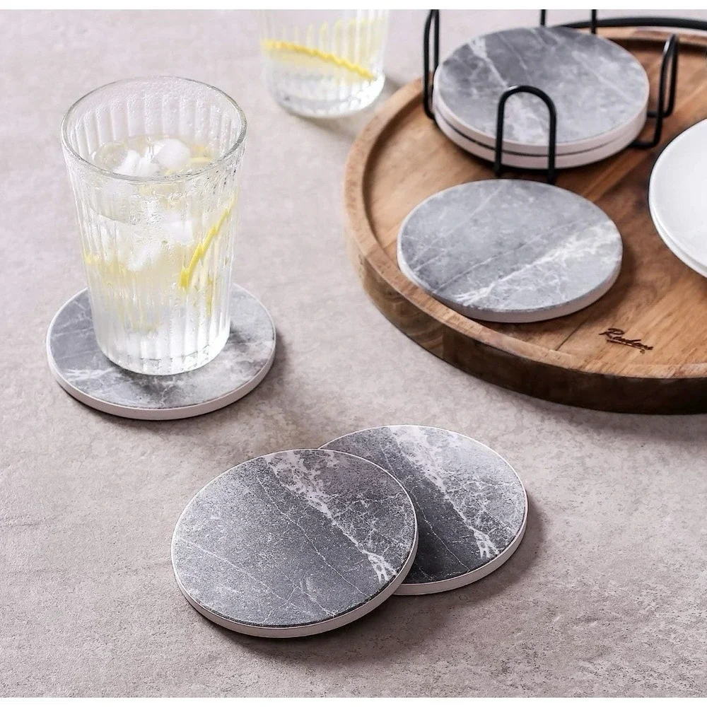 Grey Marble Absorbent Ceramic Coasters 6 pk with Black Metal Holder Cork Back